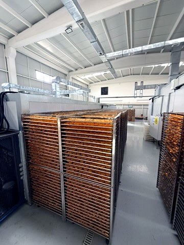 Production hall with drying racks