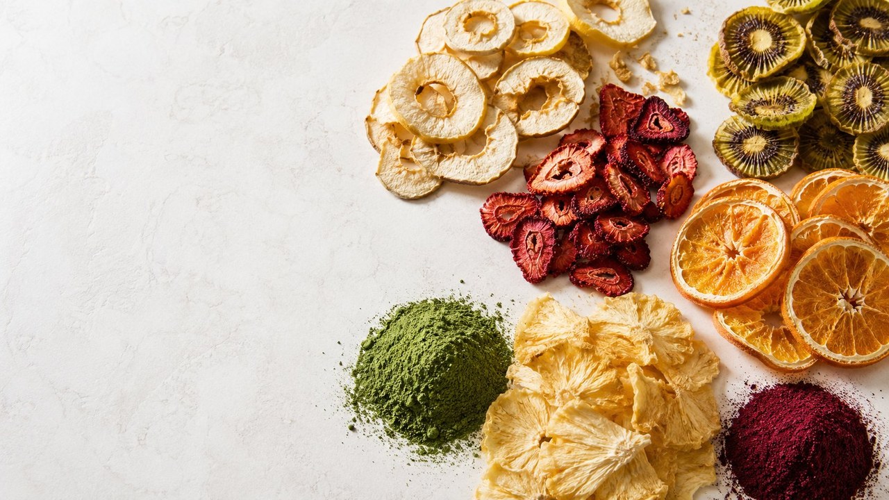 Hot-air dried fruit slices and powders on dark slate