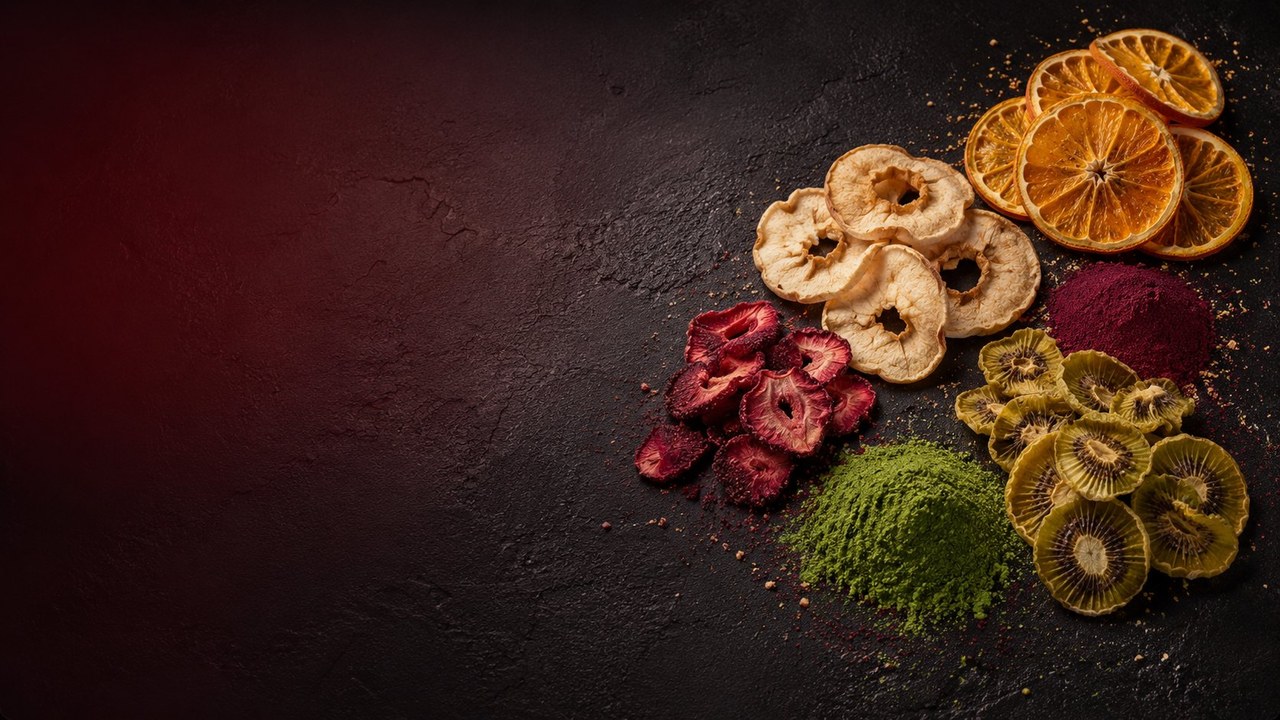 Hot-air dried fruit slices and powders on dark slate